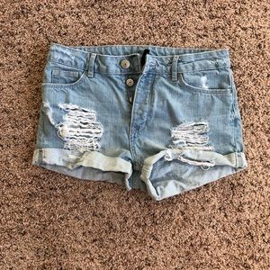 High waisted blue jean shorts